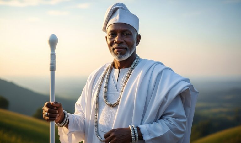 African American elder man standing at the shoreline during sunrise, symbolizing ancestral wisdom and the guidance that protects destiny.
