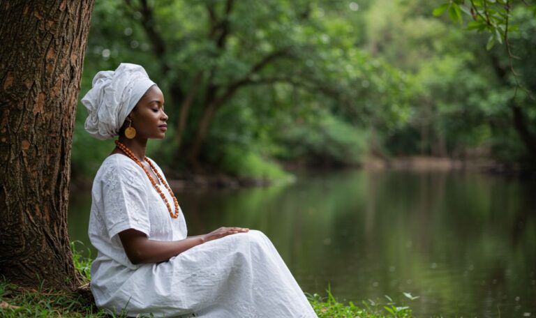 Black woman standing by calm turquoise water, symbolizing Ori alignment and the awareness taught in Ogbe Iwori Odu meaning.